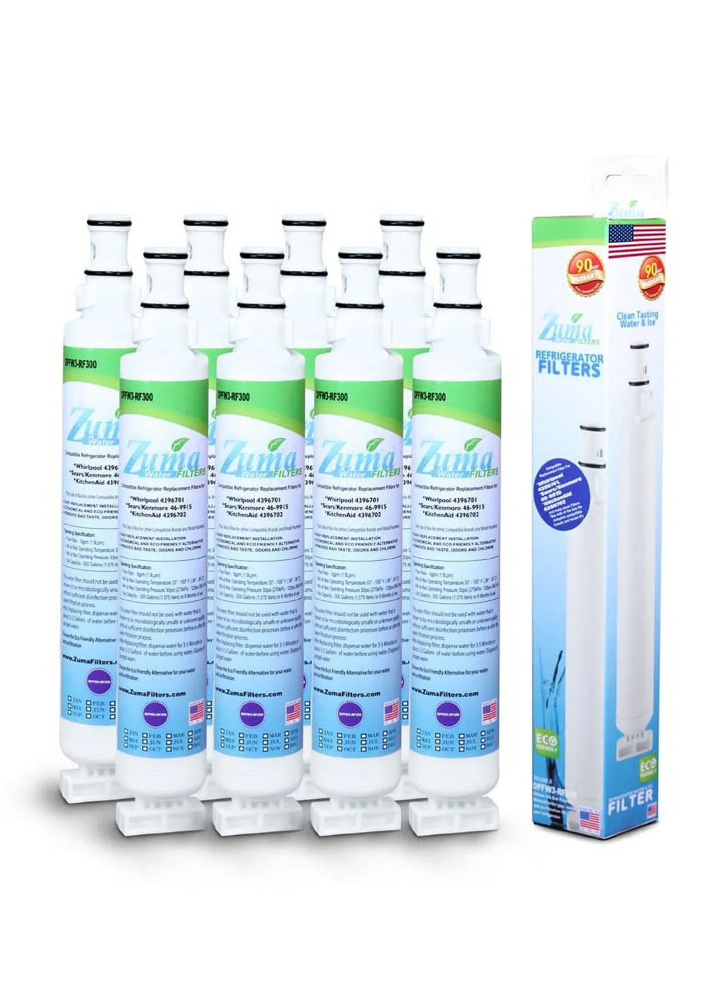 ZUMA Brand , aqua and Ice Filter , Model # OPFW3-RF300 , appropriate with Whirlpool® RWF1021 - 8 Pack - Made in U.S.A.