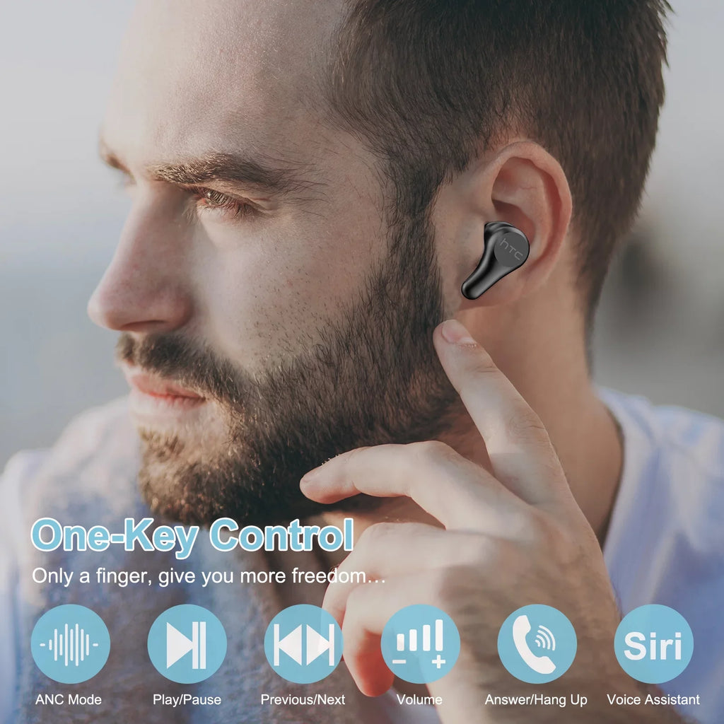 HTC True Wireless Earbuds Plus - Active Noise Cancellation IPX5 aqua impervious Bluetooth 5.0 Headphones with ENC, 24-Hour Playtime, Stereo in-Ear Touch Control Wireless Earphones