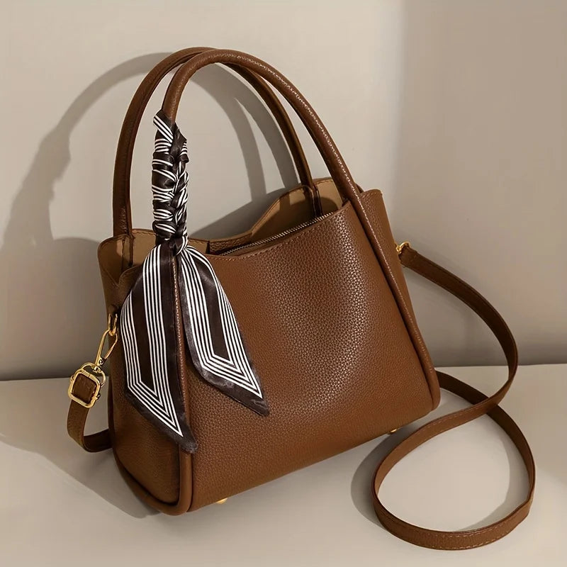 moocr Handbag With Scarf Accent  PU Leather  Elegant Shoulder Bag With Dual Handles For Daily Use  Luxury Solid Color Crossbody Purse