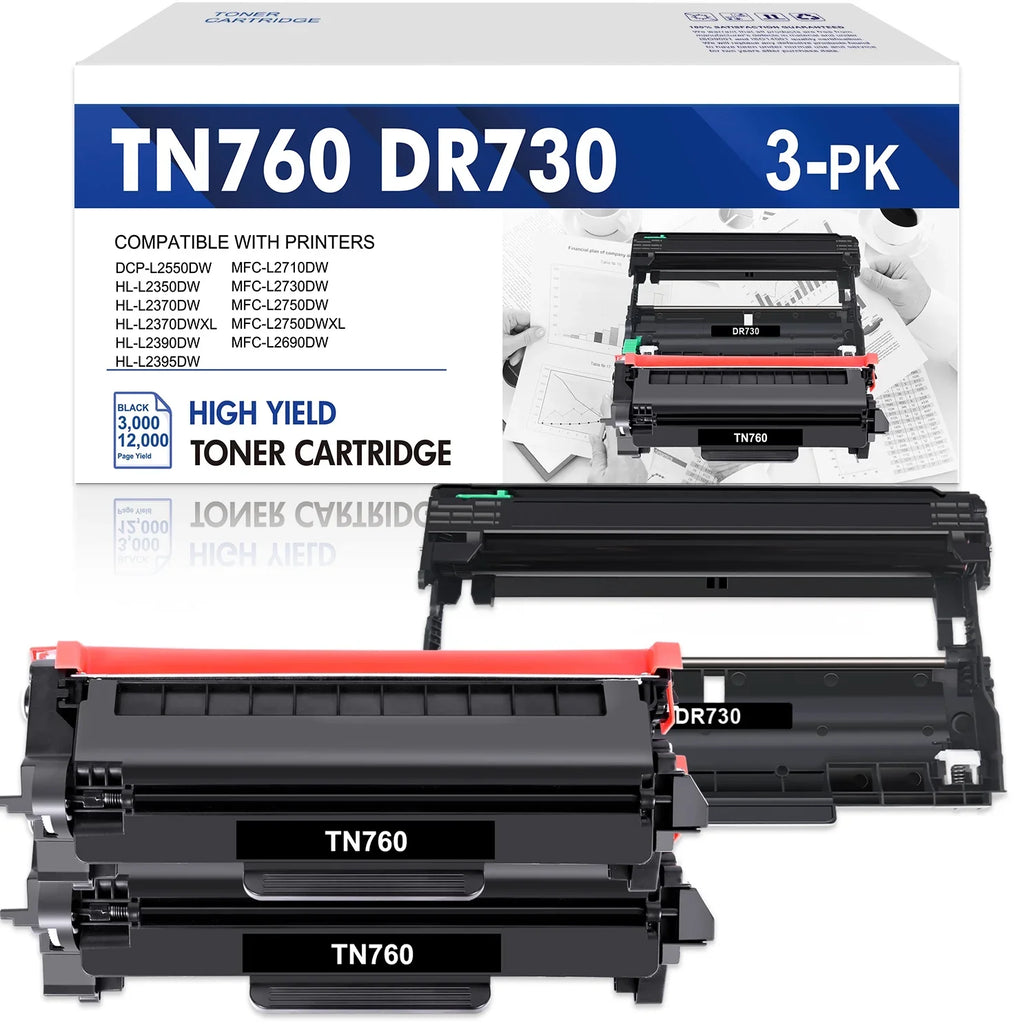 TN760 TN730 Toner Cartridge and DR730 Drum Unit Set appropriate for Brother DCP-L2550DW HL-L2350DW MFC-L2710DW MFC-L2690DW Printer (2x TN-760 Toner, 1x DR-730 Drum Unit )