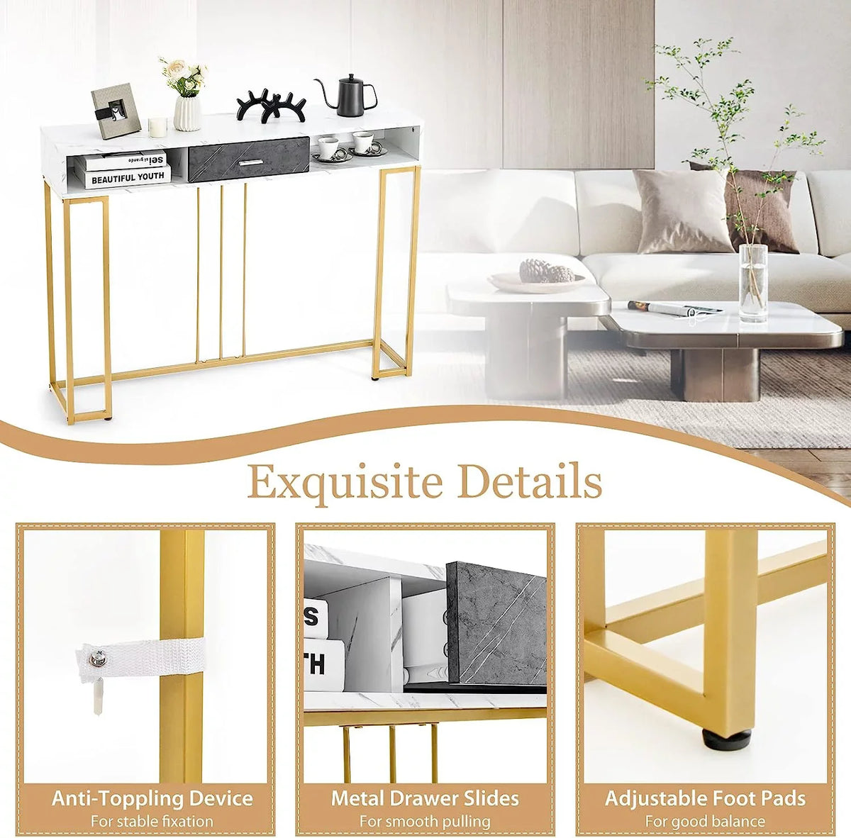 NLTBONNIE Console Table with Drawer - Sofa  with Anti-Toppling Device &amp; Adjustable Foot Pads  Faux Marble Foyer Table for Hallway  Entryway  Living Room  Dining Room &amp; Kitchen Ent