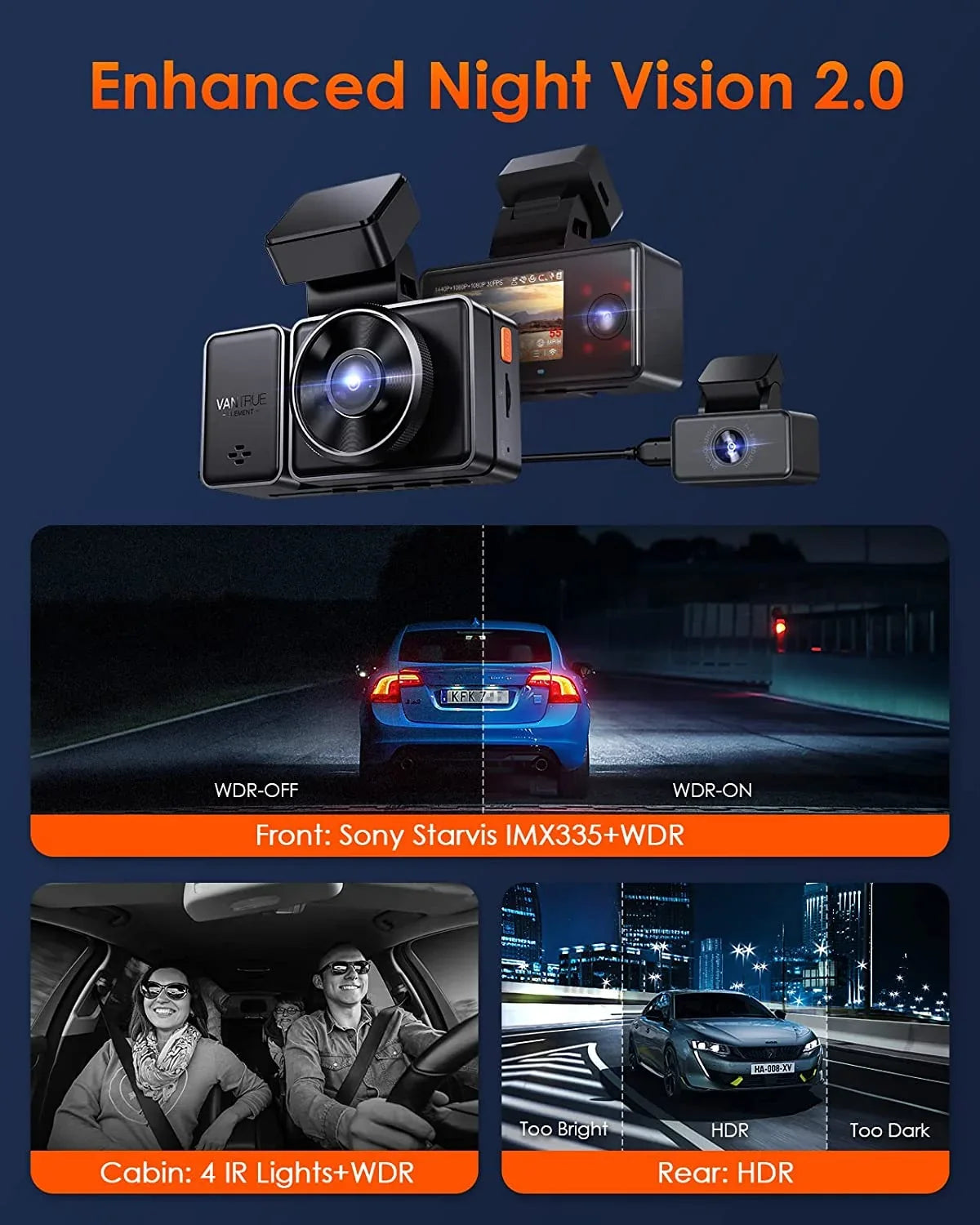 Vantrue E3 2.5K 3 Channel WiFi Dash Cam 1944P+1080P+1080P Front and Rear Inside 3 Way GPS Dash Camera for Car Voice Control IR Night Vision 24 Hrs Parking Mode Motion Detection