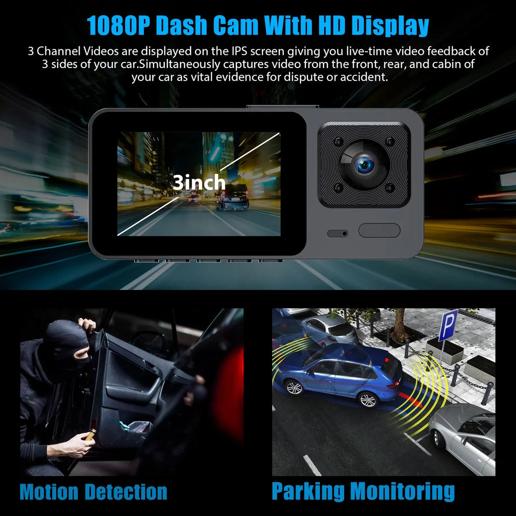 Dash Cam Front and Rear, TSV 3 Channel Dual Dash Camera, 1080P HD Screen Car Camera DVR Backup Cam with Night Vision