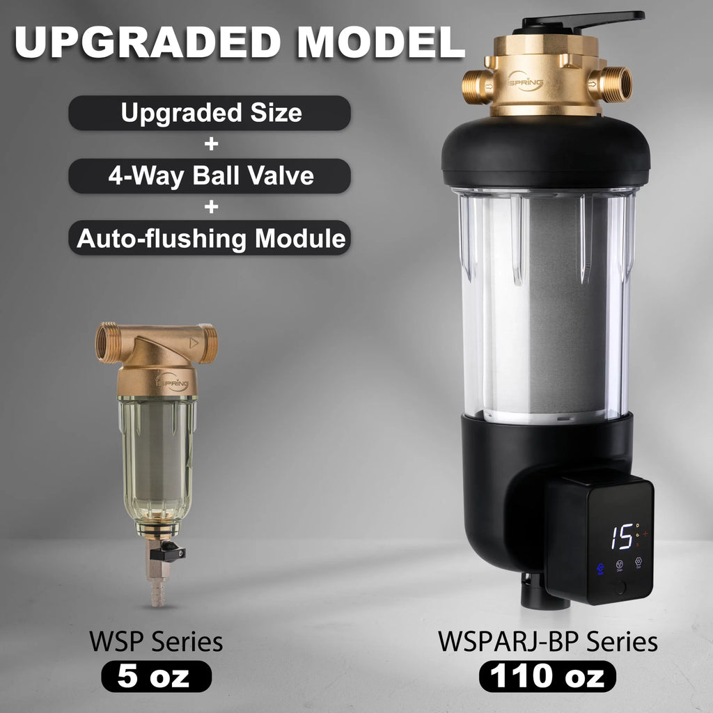 iSpring WSP500ARJ-BP Whole House Prefilter, Spin-Down Sediment aqua Filter with Bypass, Upgraded Clear Housing, Jumbo Size, Flushable and Reusable, Touch-Screen Auto Flushing, 4 Modes, 500 Microns