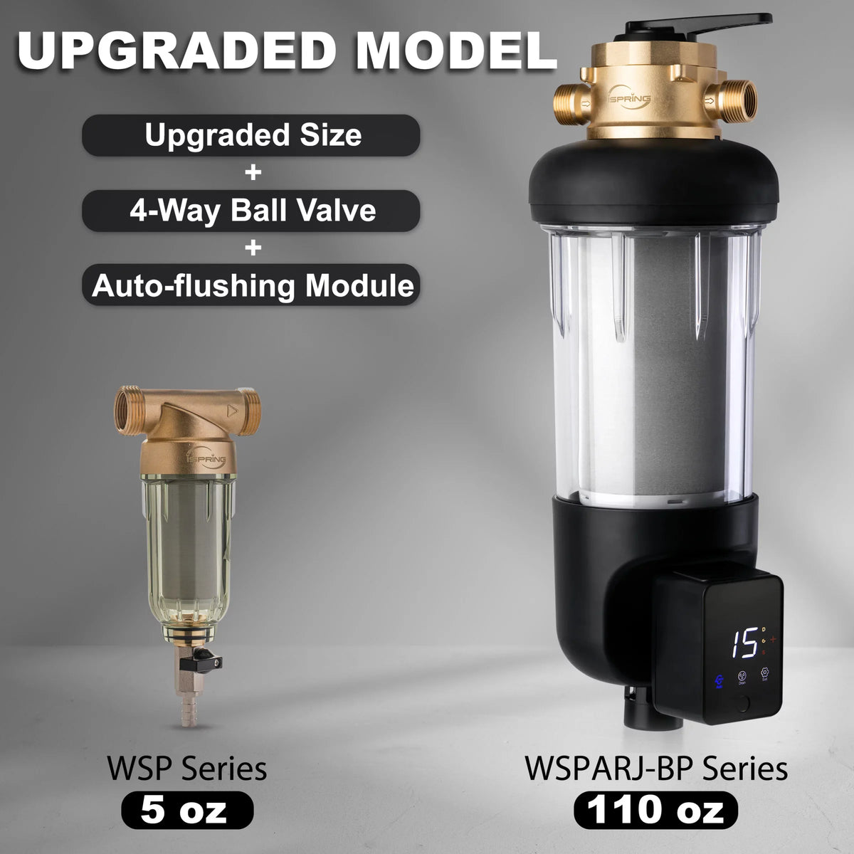 iSpring WSP500ARJ-BP Whole House Prefilter, Spin-Down Sediment aqua Filter with Bypass, Upgraded Clear Housing, Jumbo Size, Flushable and Reusable, Touch-Screen Auto Flushing, 4 Modes, 500 Microns