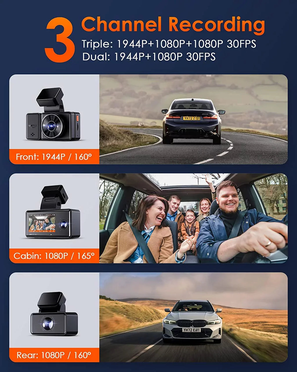 Vantrue E3 2.5K 3 Channel WiFi Dash Cam 1944P+1080P+1080P Front and Rear Inside 3 Way GPS Dash Camera for Car Voice Control IR Night Vision 24 Hrs Parking Mode Motion Detection