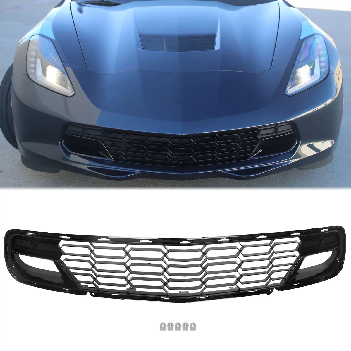 Kojem Front Lower Grille for 2014-2019 Chevrolet Corvette C7 All Models Z06 Style Bumper wrap Painted Glossy Black Plastic (W/O Front Camera Bracket)