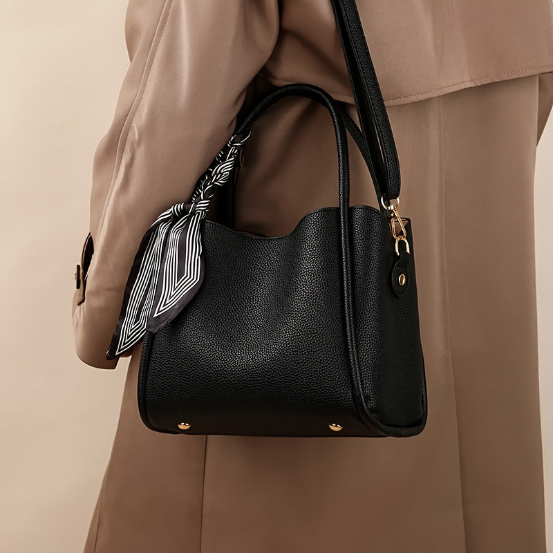 moocr Handbag With Scarf Accent  PU Leather  Elegant Shoulder Bag With Dual Handles For Daily Use  Luxury Solid Color Crossbody Purse