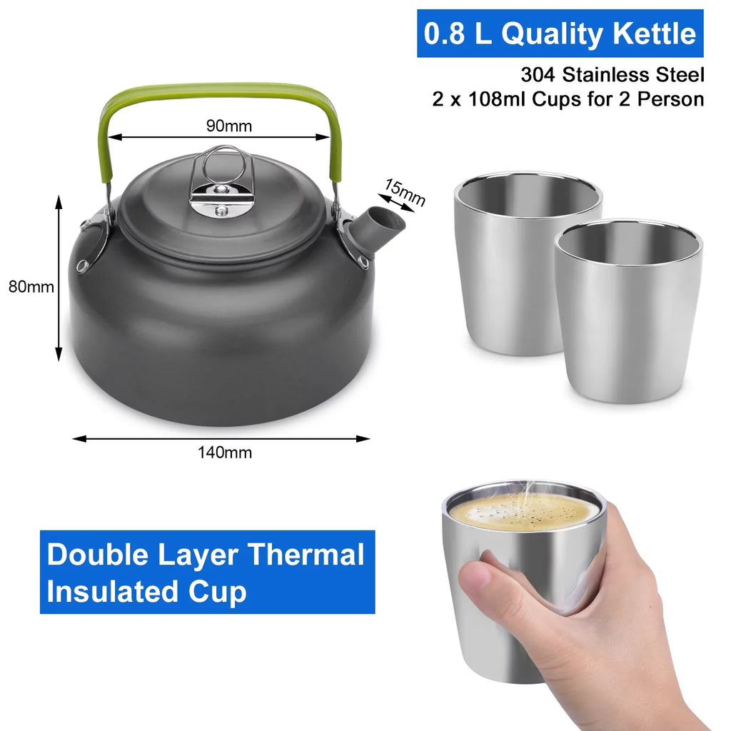 ODOLAND 12pcs Camping Cookware Mess Kit with Mini Stove, Lightweight Pot Pan Kettle with 2 Cups, Fork Knife Spoon Kit for Backpacking, Outdoor Camping Hiking and Picnic