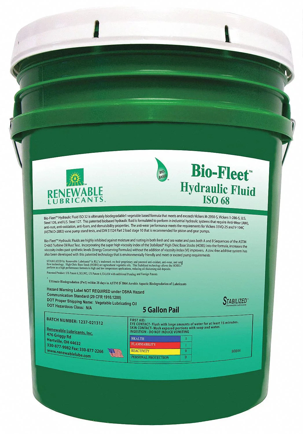 Renewable Lubricants Biodegradable Hydraulic Oil,5 Gal,ISO 68  80844