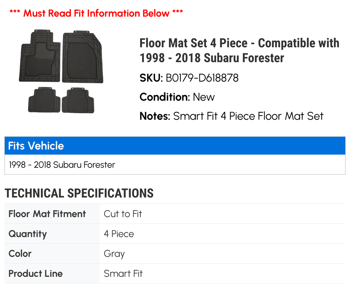 Floor Mat Set 4 Piece - matching with 1998 - 2018 Subaru Forester 1999 2000 2001 2002 2003 2004 2005 2006 2007 2008 2009 2010 2011 2012 2013 2014 2015 2016 2017