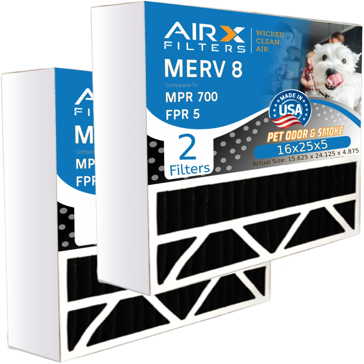 16x25x5 Air Filter Odor Eliminator Carbon Filter MERV 8 Comparable to MPR 700 & FPR 5 suitable with Air Bear 255649-105 2 Pack by AIRX FILTERS WICKED CLEAN AIR.
