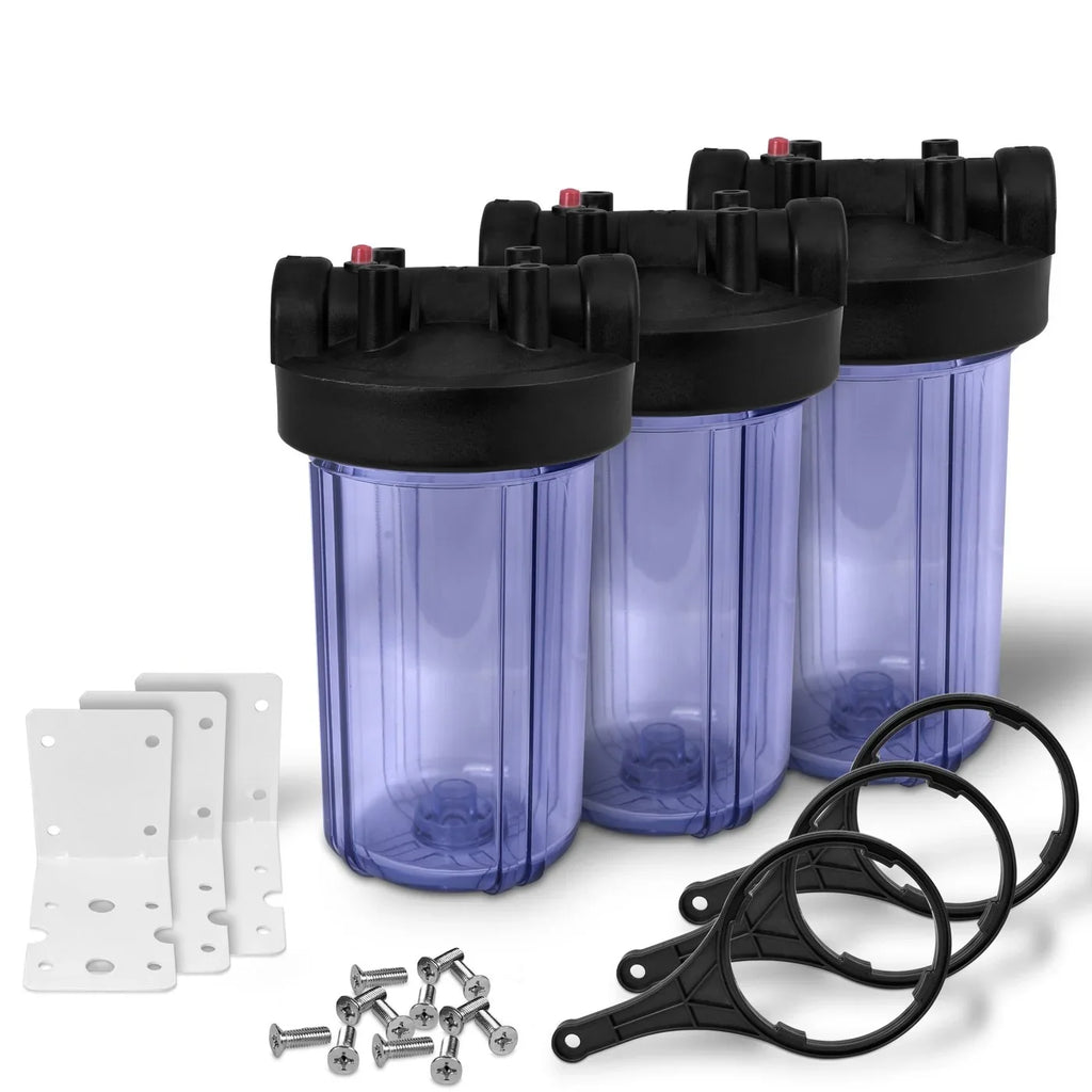 10" Transparent Big Blue Housing for Whole House moisture Filtration System, 1 Brass Port & Mounting Hardware (3 pack)