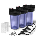 10" Transparent Big Blue Housing for Whole House moisture Filtration System, 1 Brass Port & Mounting Hardware (3 pack)