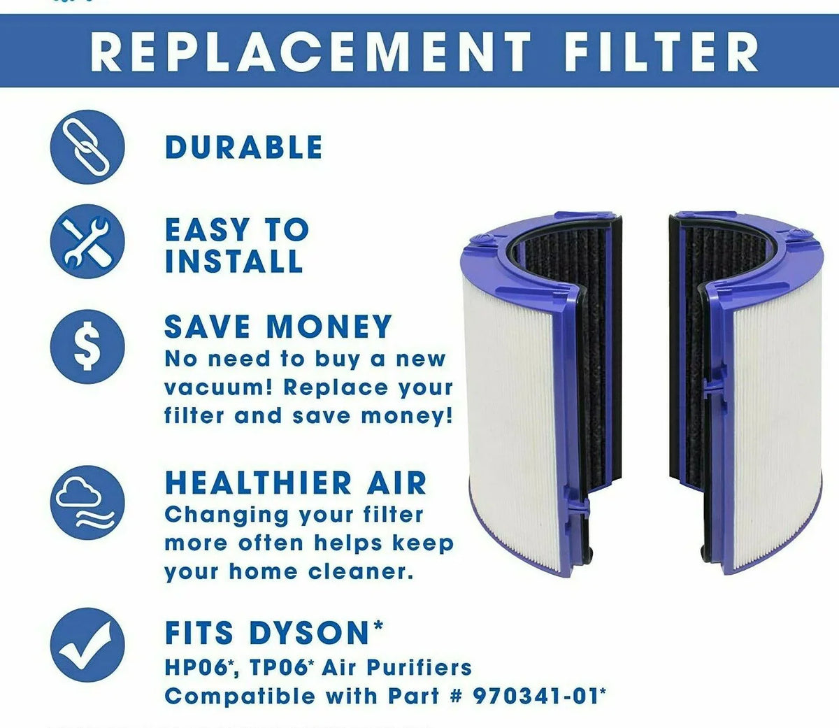 Air Purifier Filter Replacement matching with Dyson HP06, TP06, PH01,PH02 Part # 969048-01 (NOT for TP04 or HP04)
