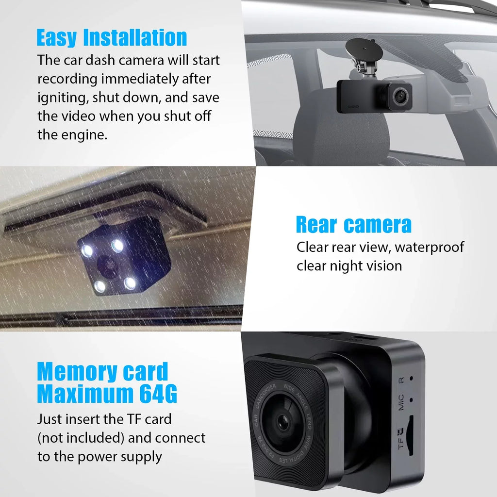 Dash Cam Front and Rear, TSV 3 Channel Dual Dash Camera, 1080P HD Screen Car Camera DVR Backup Cam with Night Vision
