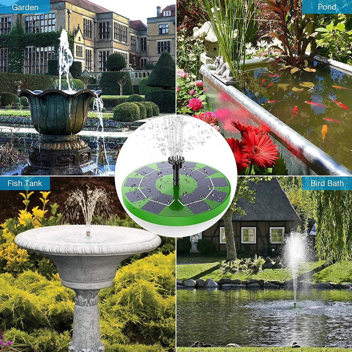 AISITIN 3W Solar Fountain Pump Solar aqua Pump, Floating Fountain Built-in 1200mAh Battery, with 6 Nozzles, for Bird Bath, Fish Tank, Pond or Garden Decoration Solar Aerator Pump (Green)