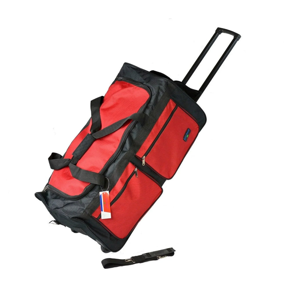 Iron Bar 28" Heavy Duty Collapsible Duffle Bag, Red, Multi-Pocket System, Wheels, Travel Luggage
