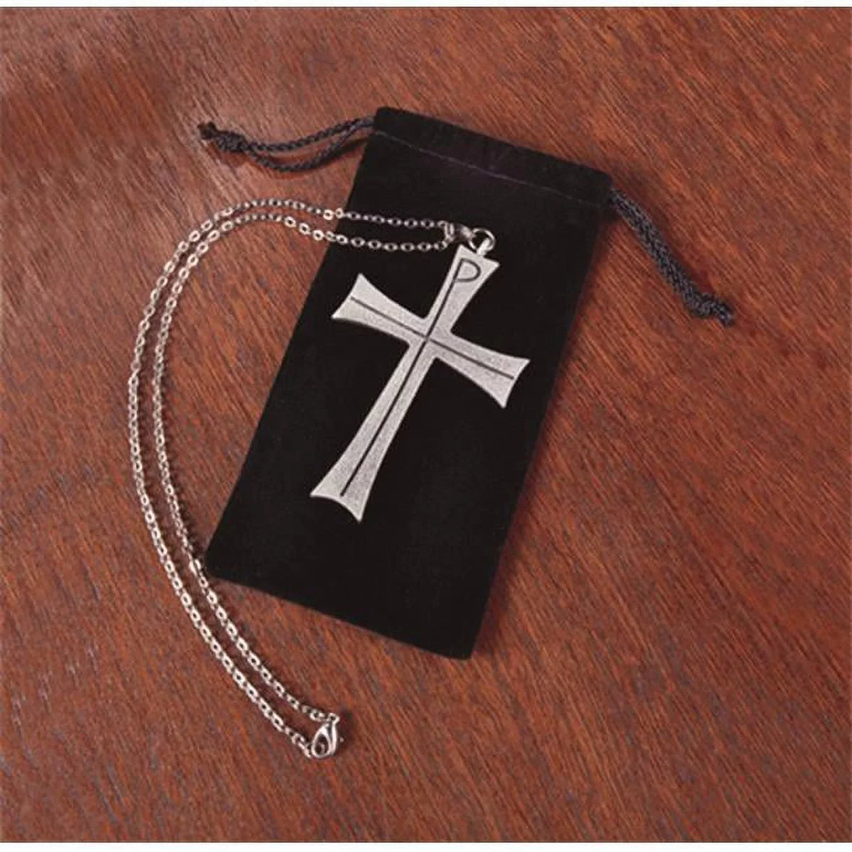 Christian Brands Church Supply KC309 Chi Rho Latin Cross on Chain, Black Velvet Pouch