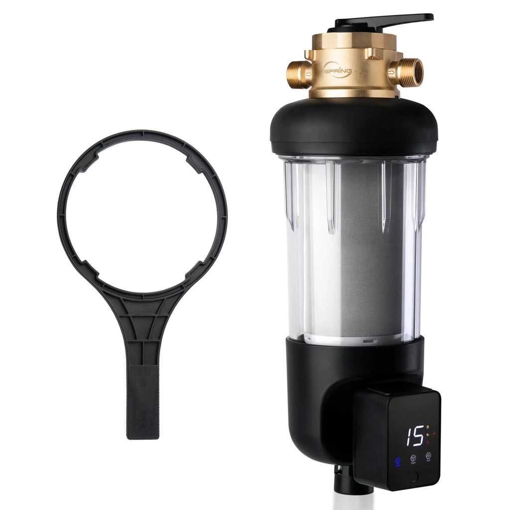 iSpring WSP500ARJ-BP Whole House Prefilter, Spin-Down Sediment aqua Filter with Bypass, Upgraded Clear Housing, Jumbo Size, Flushable and Reusable, Touch-Screen Auto Flushing, 4 Modes, 500 Microns