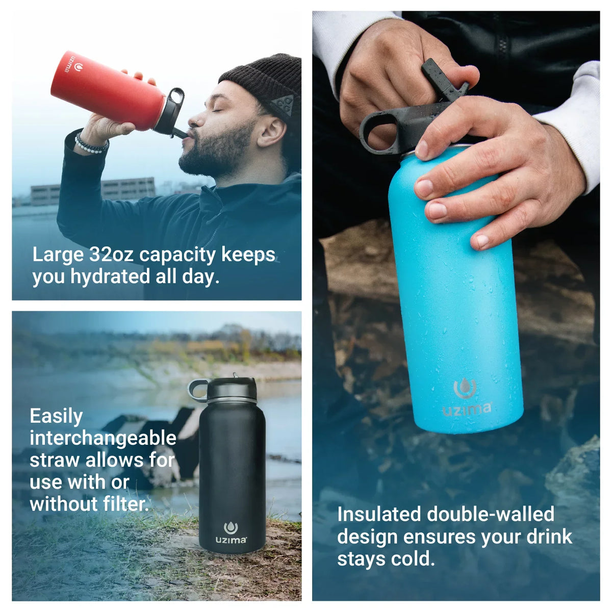 (Blue). Large 32oz Capacity with Double-Walled Stainless Steel Exterior. liquid Purification on the Go. Uzima - Z-Source Filtered liquid Bottle for Hiking, Backpacking, Camping, and Travel