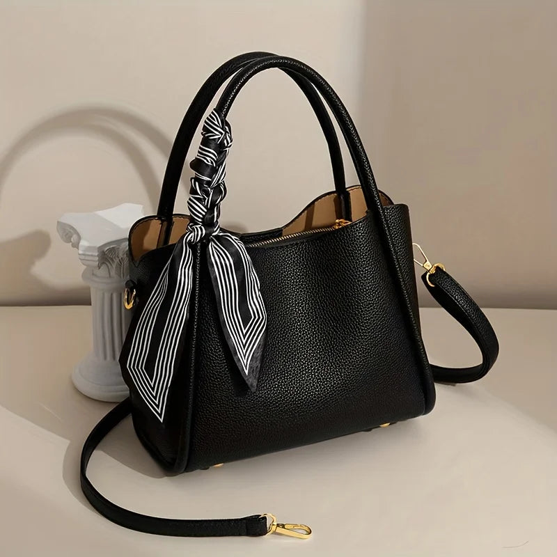 moocr Handbag With Scarf Accent  PU Leather  Elegant Shoulder Bag With Dual Handles For Daily Use  Luxury Solid Color Crossbody Purse
