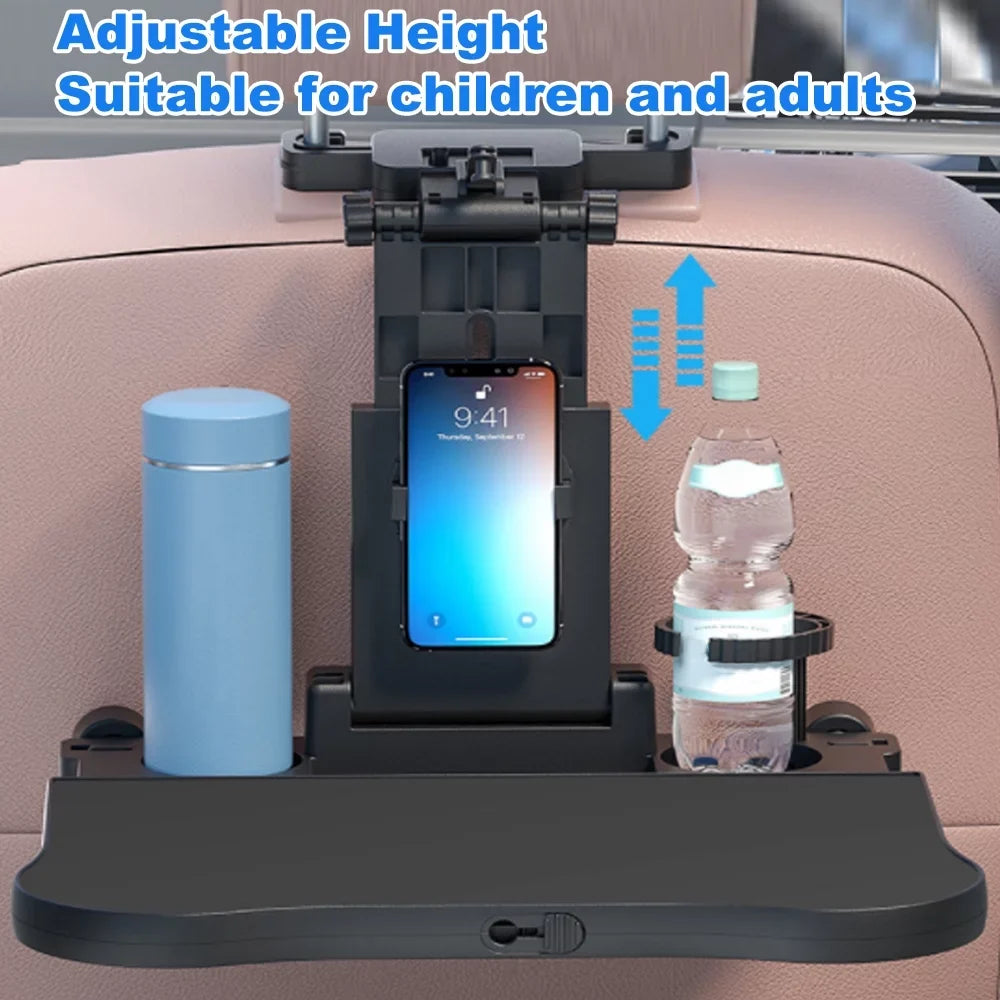 Carevas Adjustable Car Seat Travel Table Multifunctional Foldable Car Back Seat Food Tray, Car Table with Phone Holder for Working, Writing, Eating Black