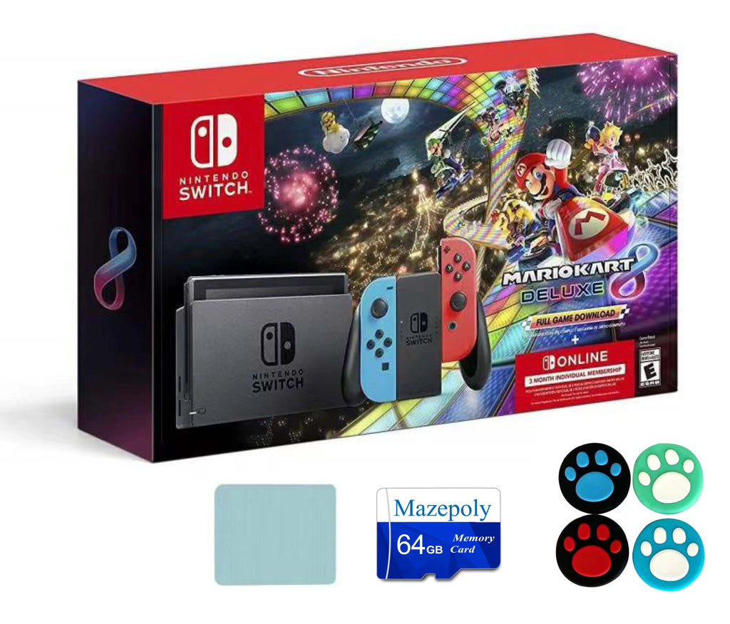 Nintendo Switch Joy-Con Neon Blue/Red Console Bundle: Mario Kart 8 Deluxe Full Game Download | 3 Months Nintendo Switch Online Membership |  with Mazepoly Accessories