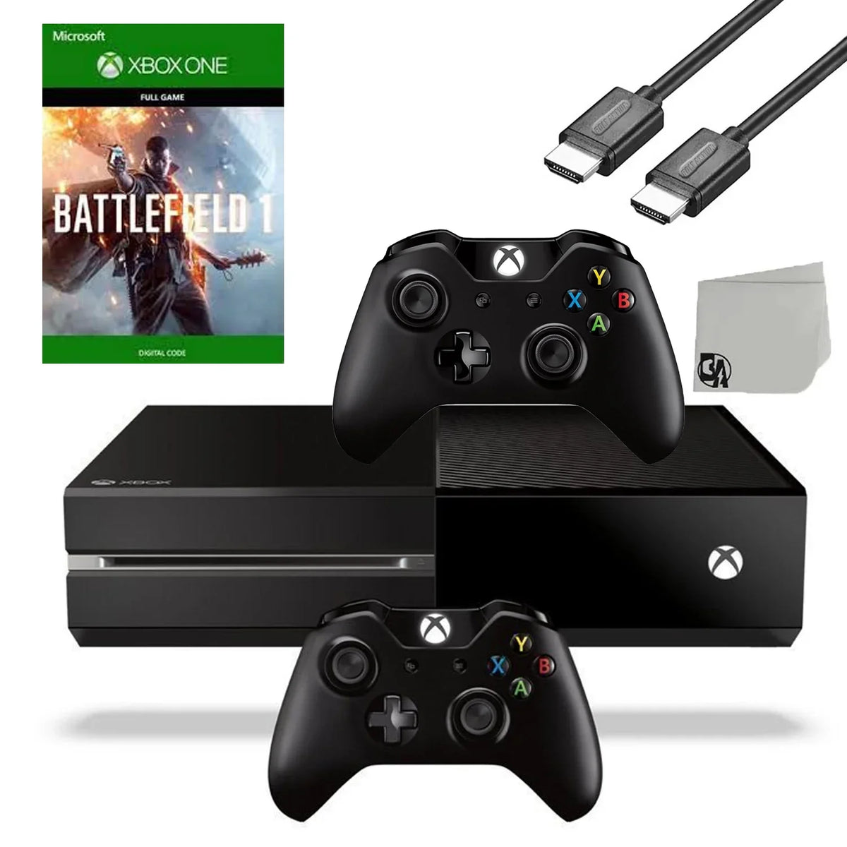 Pre-Owned  Xbox One Original 500GB Gaming Console Black HDMI Cable 2 Controller Included With Battlefield 1 Game BOLT AXTION Bundle (Refurbished: Like New)