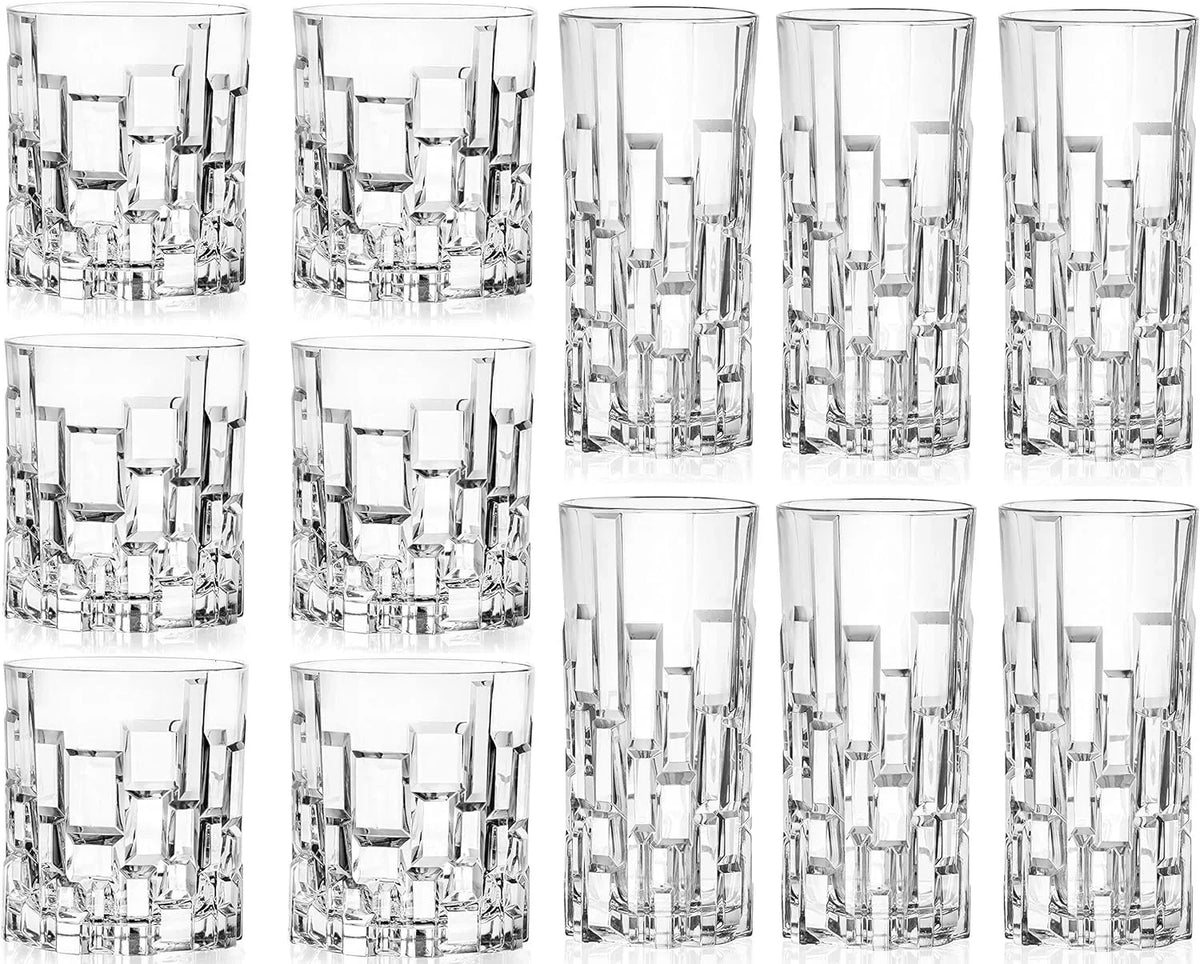 RCR Cristalleria Italiana Crystal Glass Drinkware Set DOF Whiskey 11 oz & Highball Tumbler 11.5 oz, 12 Count Pack of 1