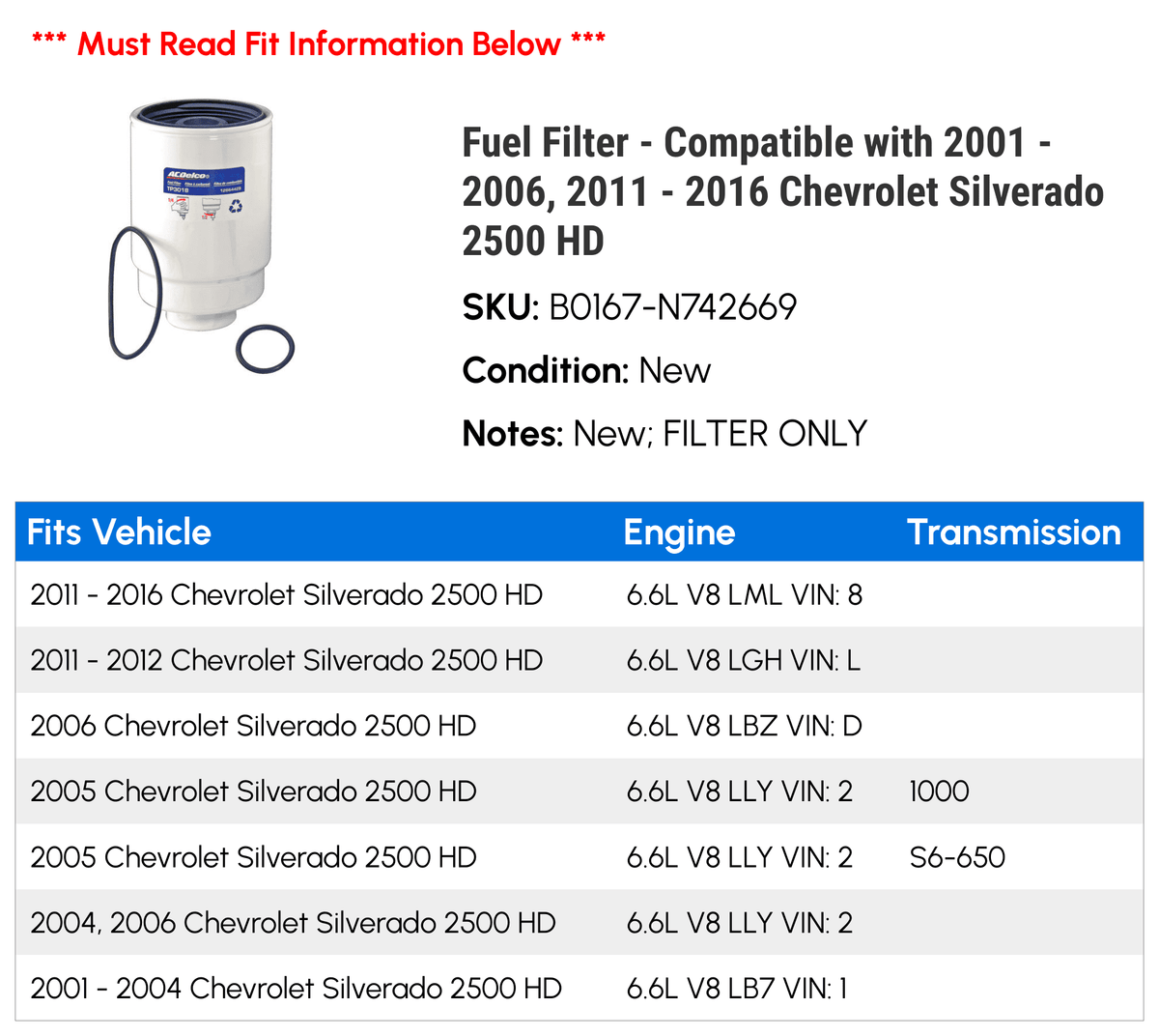 Fuel Filter - suitable with 2001 - 2006, 2011 - 2016 Chevy Silverado 2500 HD 2002 2003 2004 2005 2012 2013 2014 2015