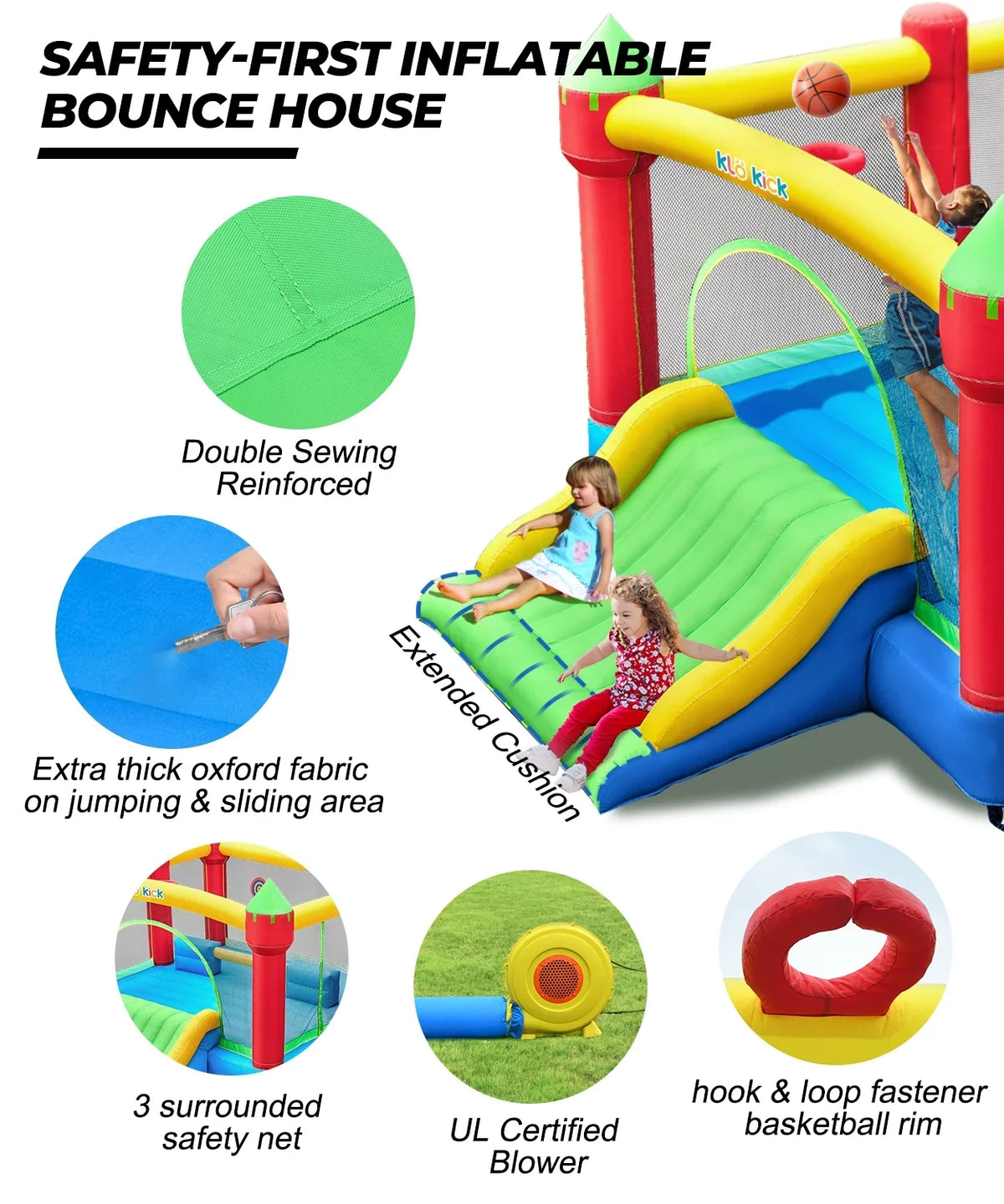KLOKICK 15'x 12' Large Bounce House 840D Oxford Inflatable Bouncers for 6 Kids with Blower & Slide for 3-10 Years, Child, Adult, Infant, Teen, Tween