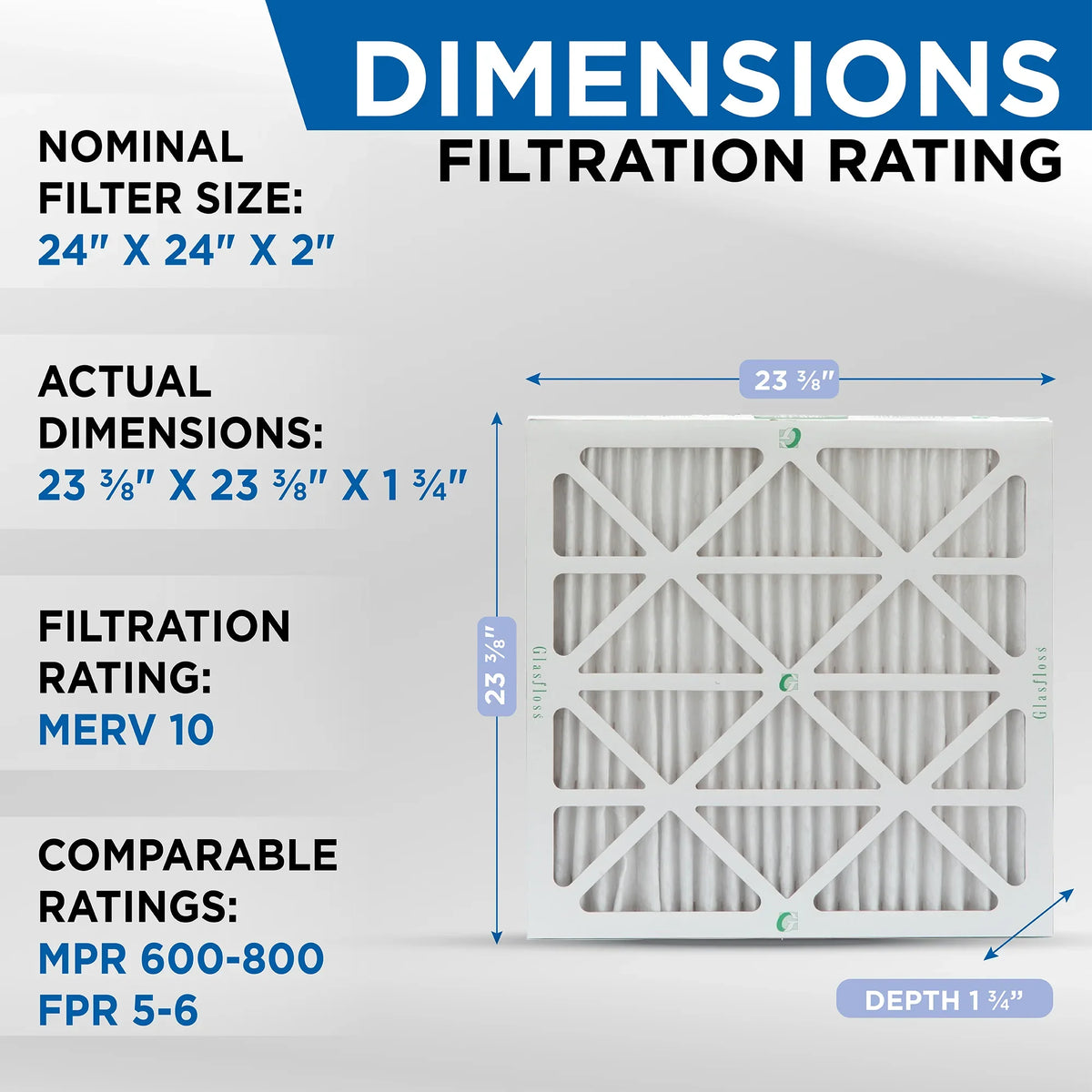 ( Quantity 5 ) Exact Size: 23-3/8 x 23-3/8 x 1-3/4. 24x24x2 MERV 10 Pleated HVAC Air Filters by Glasfloss