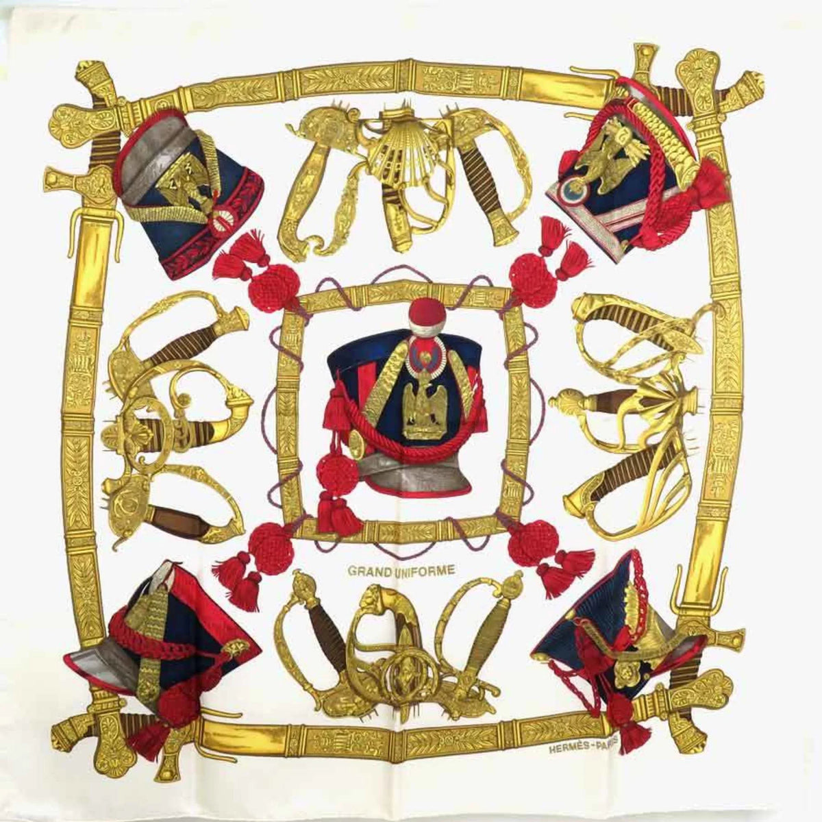 Pre-Owned Hermes HERMES Scarf Carre 90 GRAND UNIFORME Silk Off-White/Multicolor Ladies (Good)