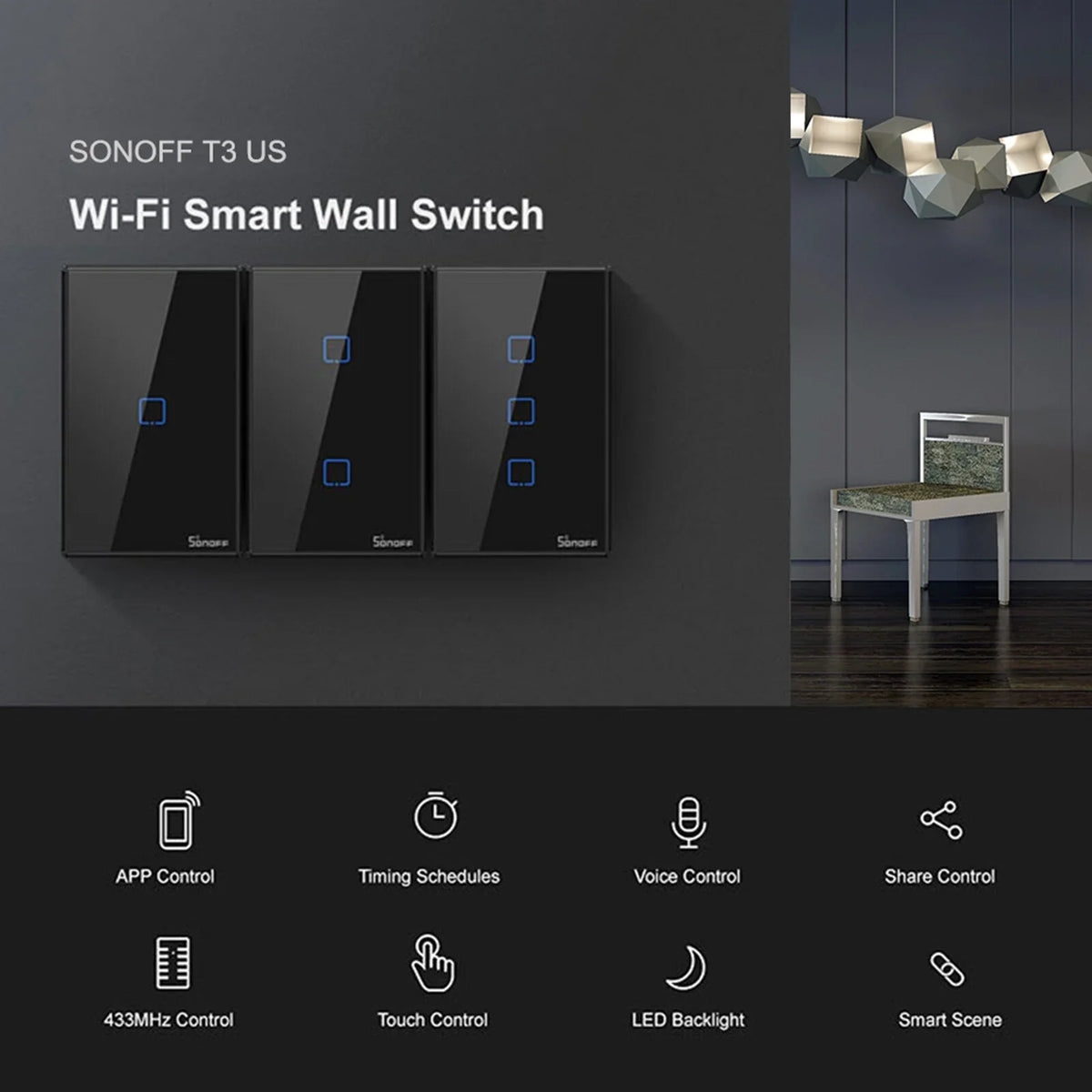 T3US2C-TX 2 Gang Smart WiFi Wall Light Switch 433Mhz RF Remote Control APP/Touch Control Timer US Standard Panel Smart Switch matching with Google Home/Nest & Alexa