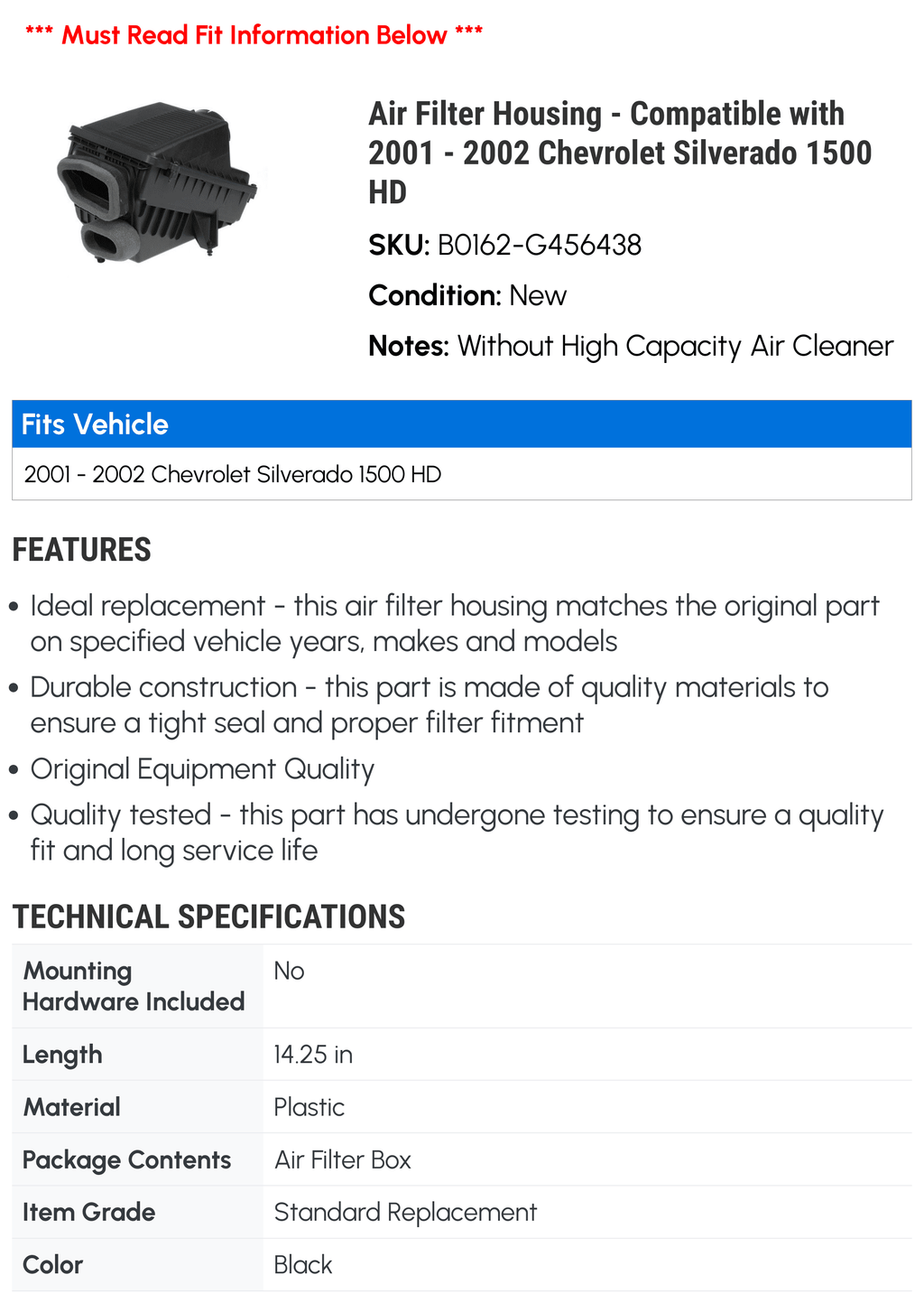 Air Filter Housing - appropriate with 2001 - 2002 Chevy Silverado 1500 HD