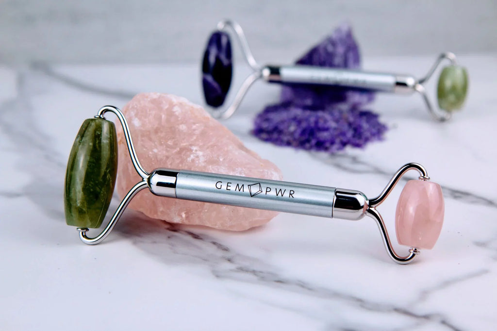 GEM PWR Rose Quartz + Jade Face Roller, Dual Head 2-in-1 with Travel Bag and Durable Steel Handle