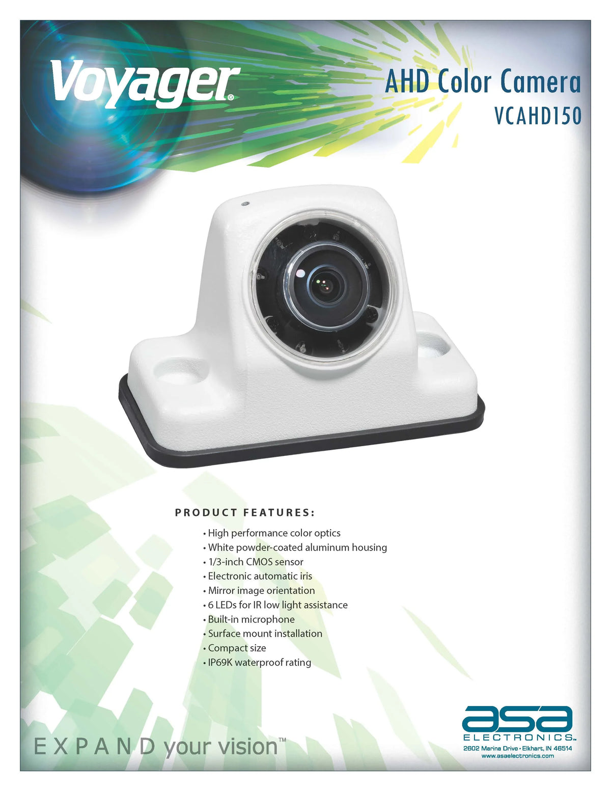 Voyager VCAHD150 Vehicle Surface Mount Heavy Duty AHD Rear Color Camera w/ Night Vision, 160-Degree Viewing Angle, IR LED Low Light Assist, White Impact immune Aluminum Housing, IP69K Waterproof