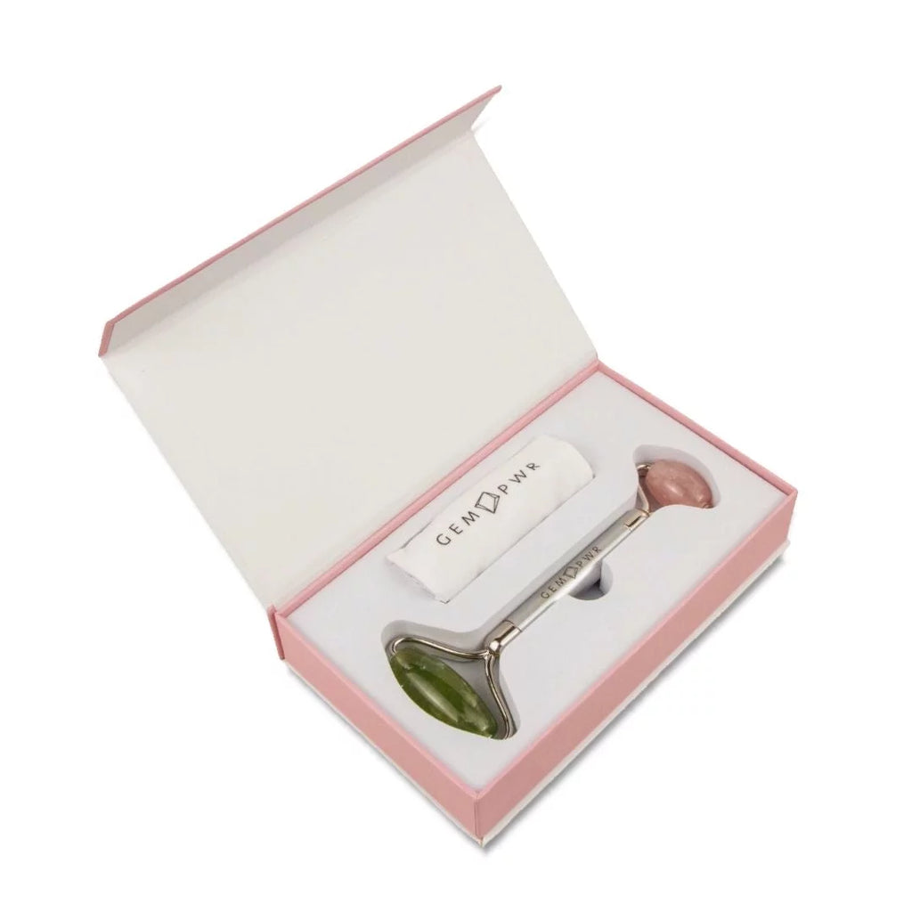 GEM PWR Rose Quartz + Jade Face Roller, Dual Head 2-in-1 with Travel Bag and Durable Steel Handle