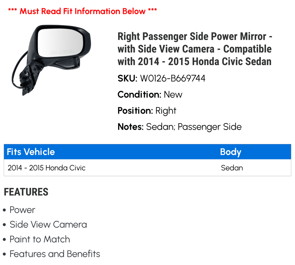 Right Passenger Side Power Mirror - with Side View Camera - suitable with 2014 - 2015 Honda Civic Sedan