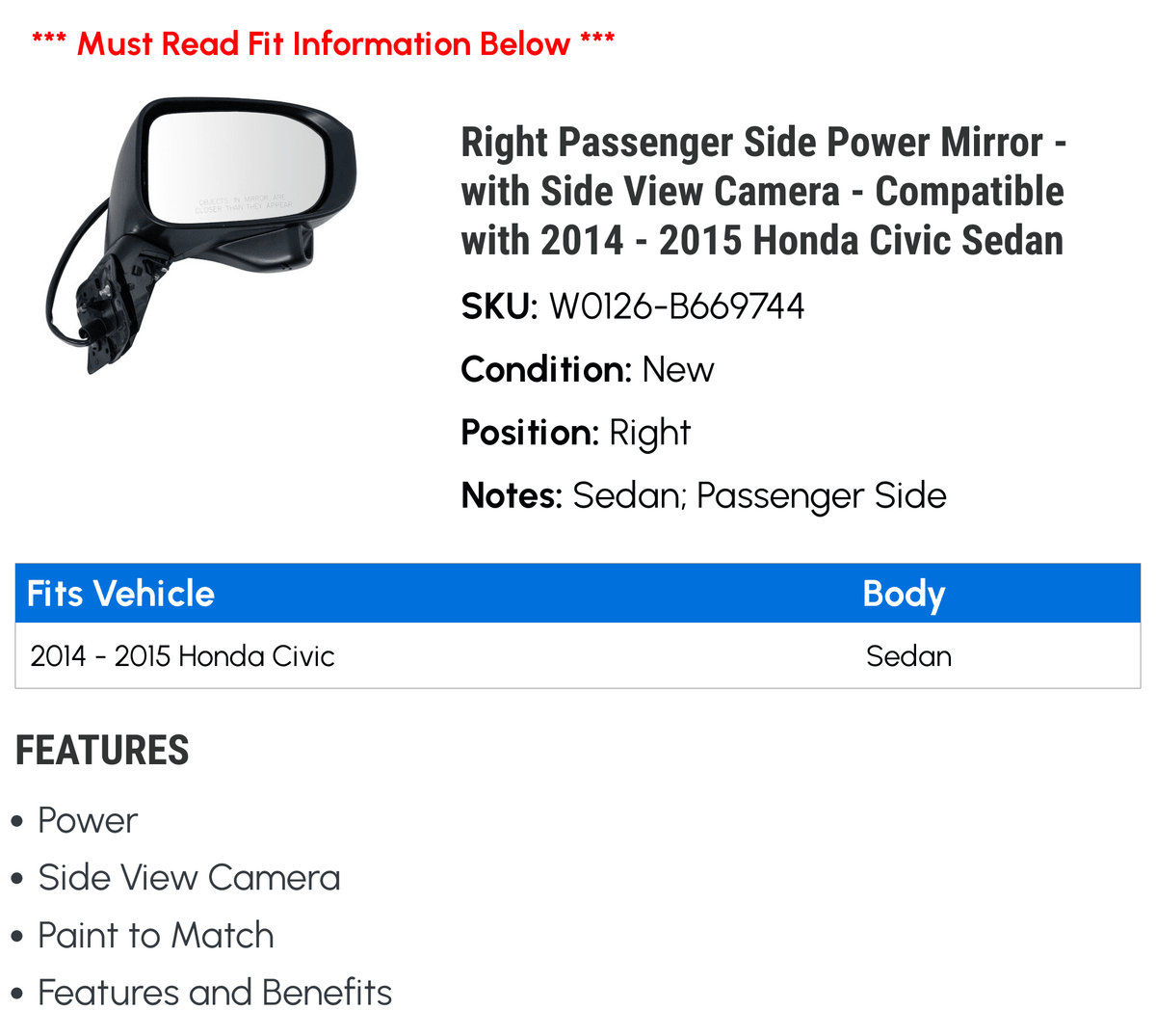 Right Passenger Side Power Mirror - with Side View Camera - suitable with 2014 - 2015 Honda Civic Sedan