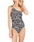 Michael Kors Women BLACK Zebra-Print One-Shoulder Underwire One-Piece Swimsuit, US 16, Female, One-Shoulder Strap