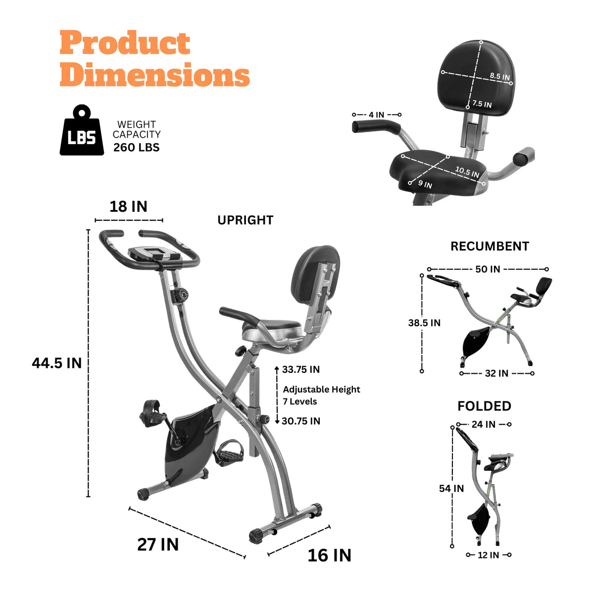 Exercise Bike, 3 in 1 Stationary Bike Upright Recumbent Folding Home workout, 260 LBS Capacity, Back and Arm Rest, Heart Rate LCD Sensor, 8 Levels of Adjustment Fitness Cardio Cycle