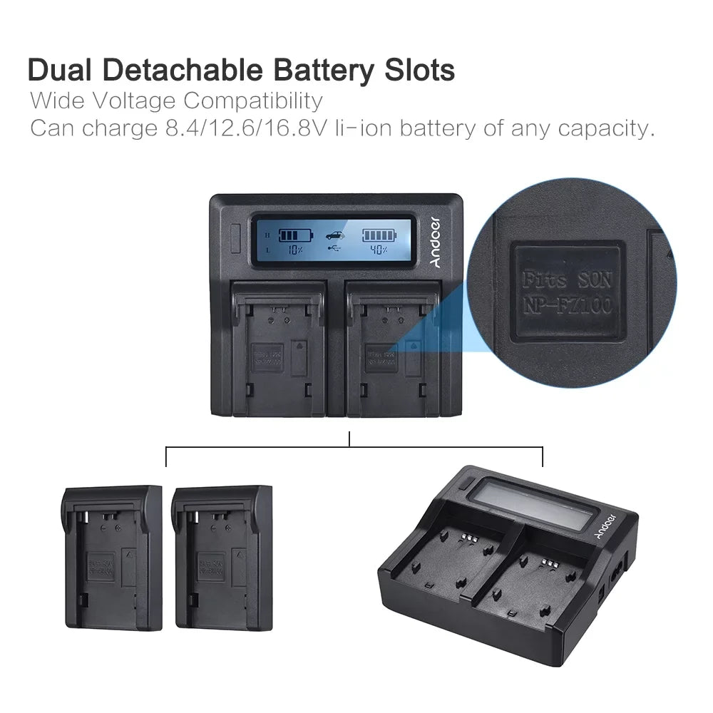 Andoer LCD Dual Channel Camera Battery NP-FZ100 Replacement for  A7III A9 A7RIII A7SIII Models