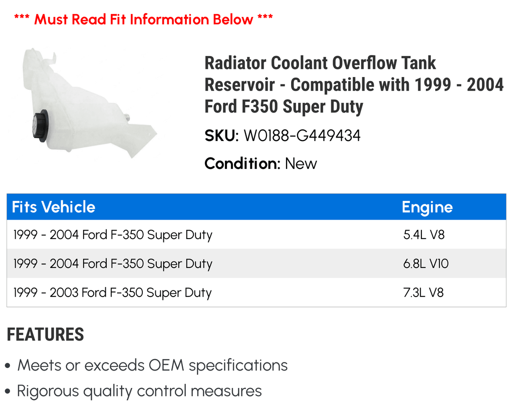 Radiator Coolant Overflow Tank Reservoir - matching with 1999 - 2004  F350 Super Duty 2000 2001 2002 2003