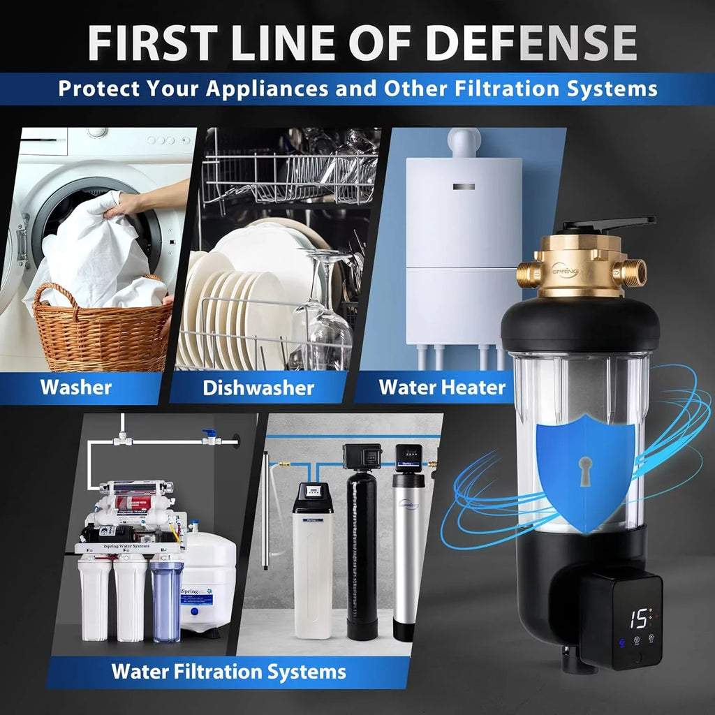 iSpring WSP500ARJ-BP Whole House Prefilter, Spin-Down Sediment aqua Filter with Bypass, Upgraded Clear Housing, Jumbo Size, Flushable and Reusable, Touch-Screen Auto Flushing, 4 Modes, 500 Microns