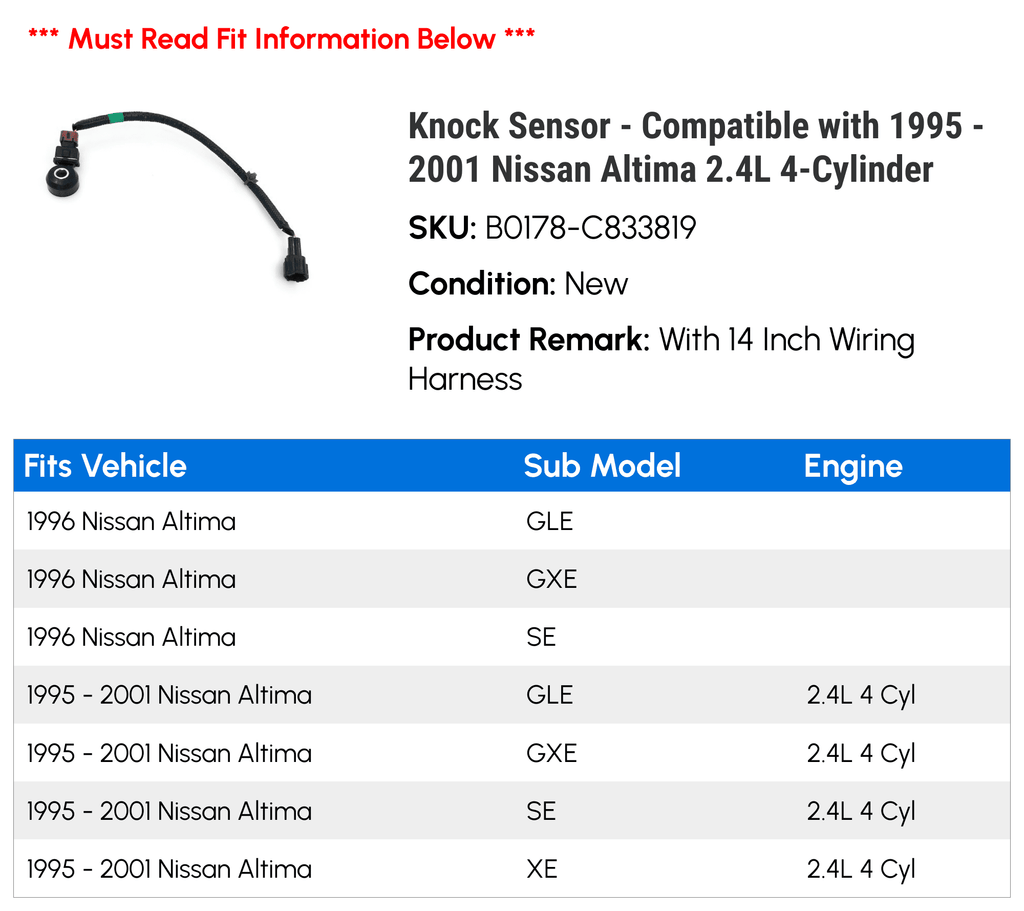Knock Sensor - matching with 1995 - 2001 Nissan Altima 2.4L 4-Cylinder 1996 1997 1998 1999 2000