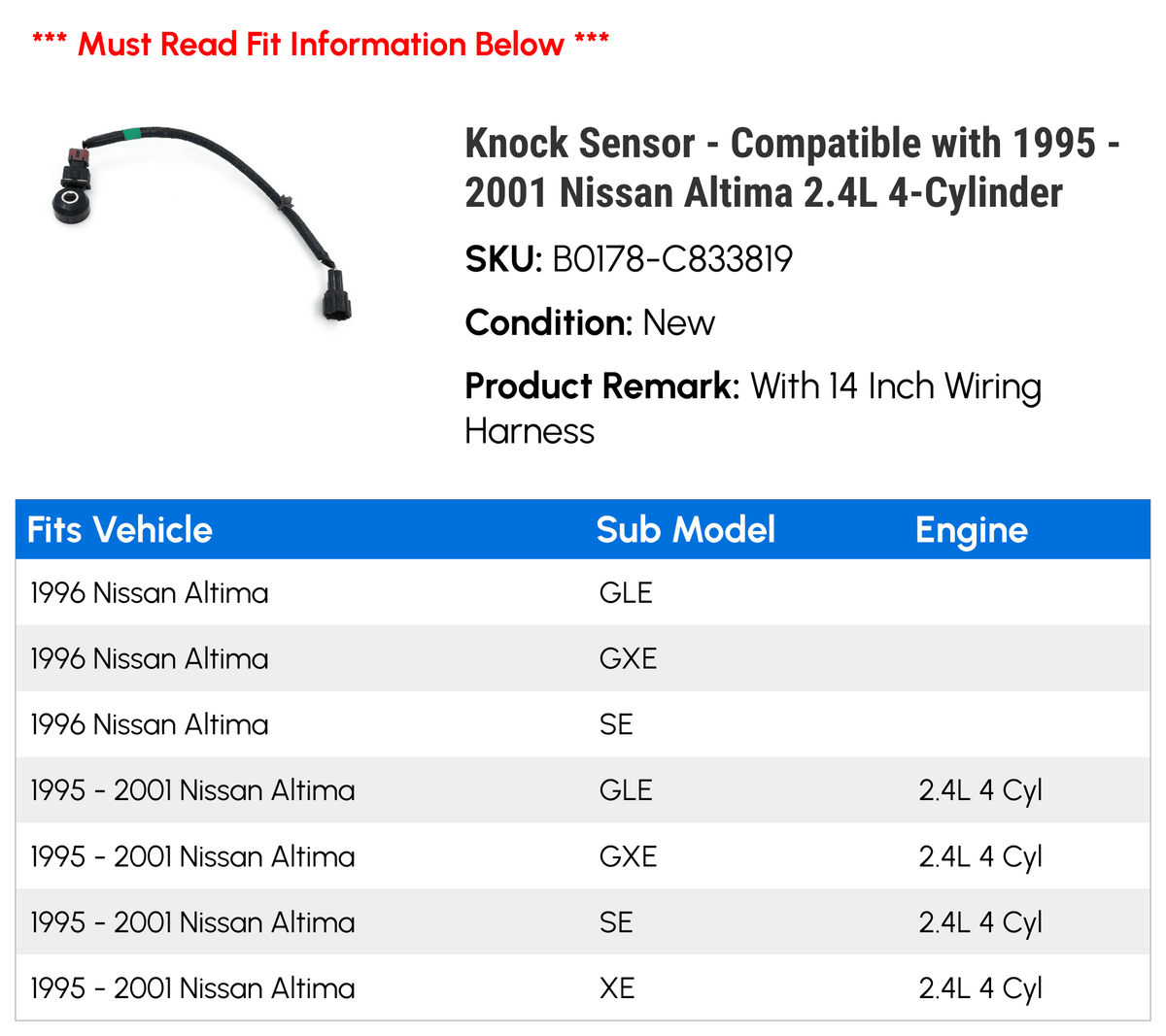 Knock Sensor - matching with 1995 - 2001 Nissan Altima 2.4L 4-Cylinder 1996 1997 1998 1999 2000
