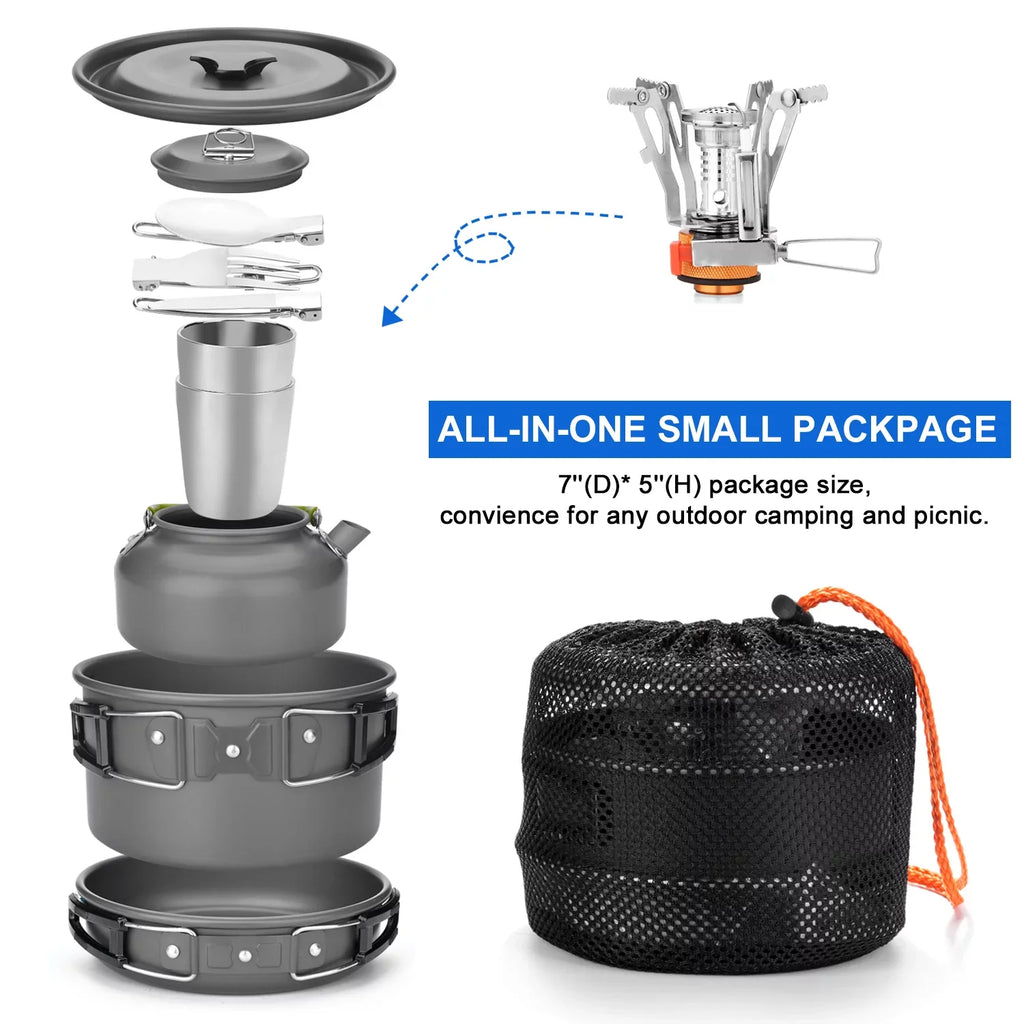 ODOLAND 12pcs Camping Cookware Mess Kit with Mini Stove, Lightweight Pot Pan Kettle with 2 Cups, Fork Knife Spoon Kit for Backpacking, Outdoor Camping Hiking and Picnic