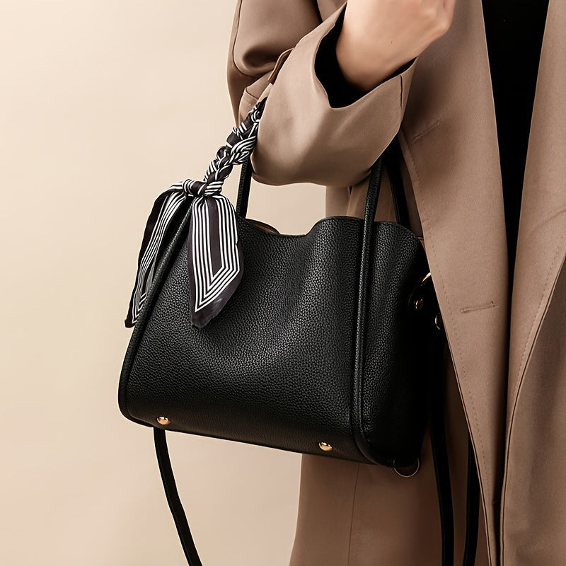 moocr Handbag With Scarf Accent  PU Leather  Elegant Shoulder Bag With Dual Handles For Daily Use  Luxury Solid Color Crossbody Purse